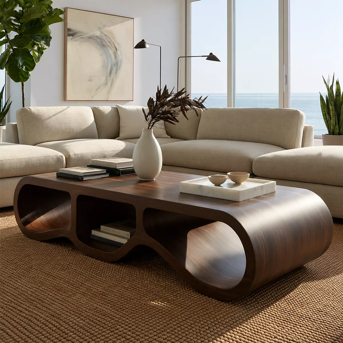 Modern Solid Wood Coffee Table With Triple Hollow Base Rounded Sides And Natural Wood Grain For Living Room - Livewoodcraft - 7