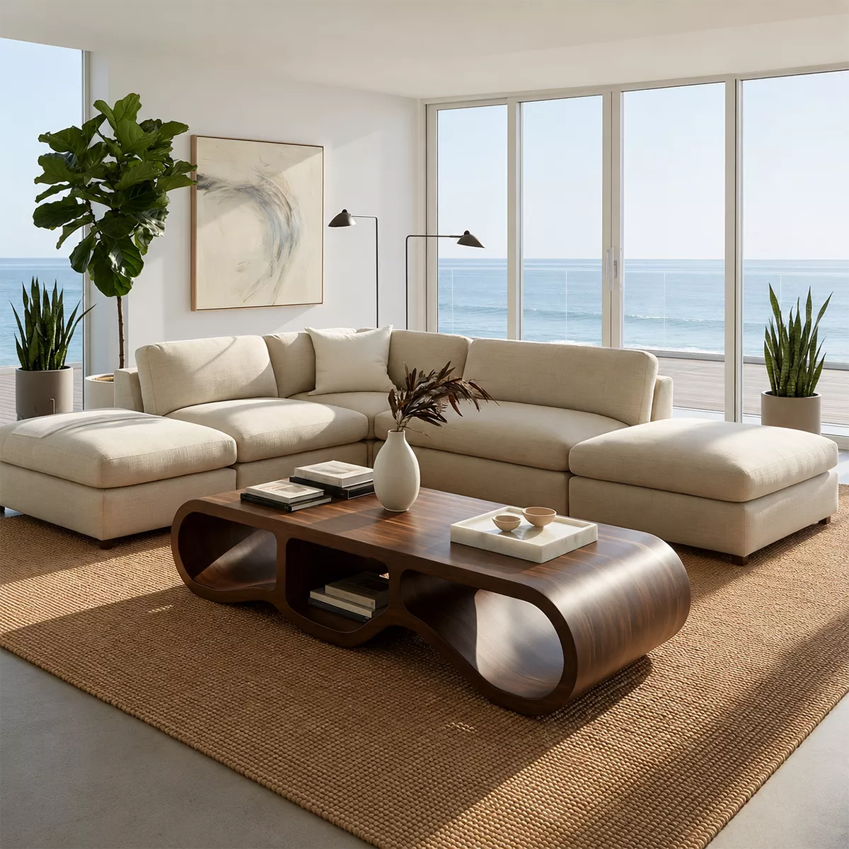 Modern Solid Wood Coffee Table With Triple Hollow Base Rounded Sides And Natural Wood Grain For Living Room - Livewoodcraft - 8