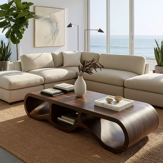 Modern Solid Wood Coffee Table With Triple Hollow Base Rounded Sides And Natural Wood Grain For Living Room - Livewoodcraft