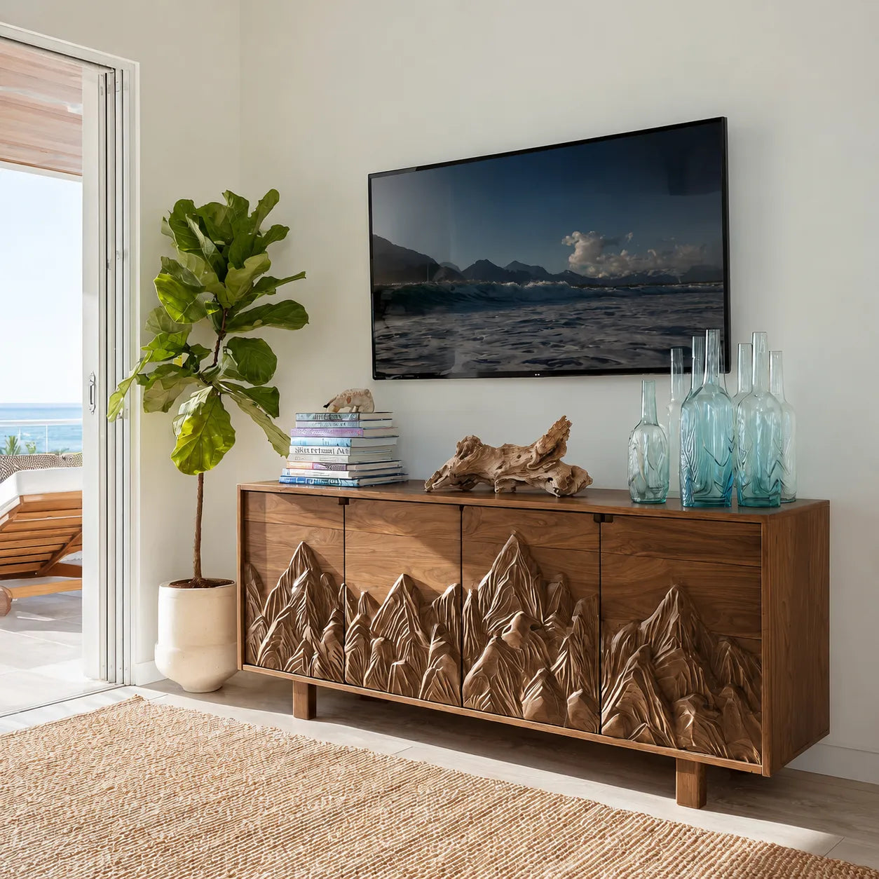 Mountain Carved Natural Solid Wood TV Stand with Hidden Storage - Livewoodcraft - 2
