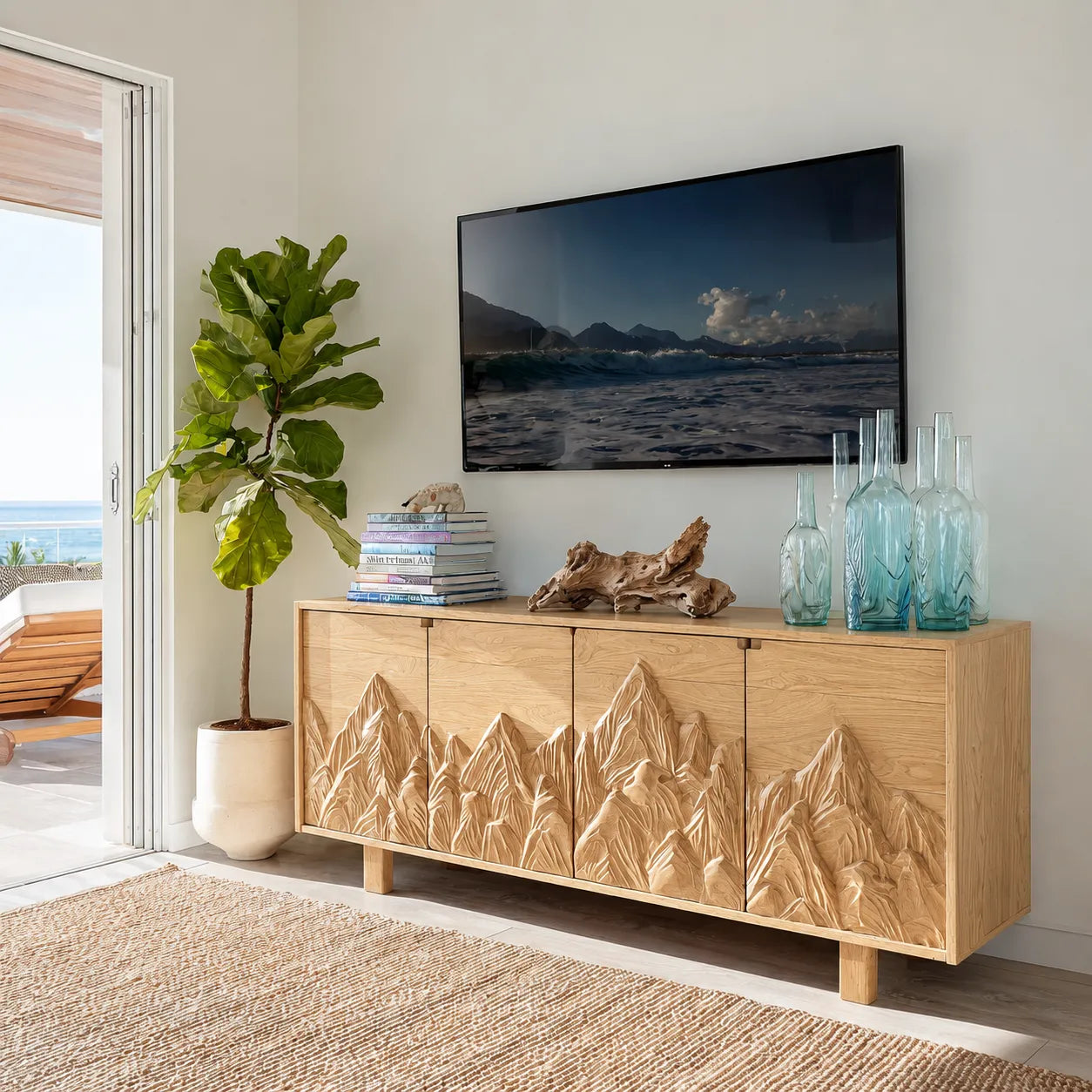 Mountain Carved Natural Solid Wood TV Stand with Hidden Storage - Livewoodcraft - 3
