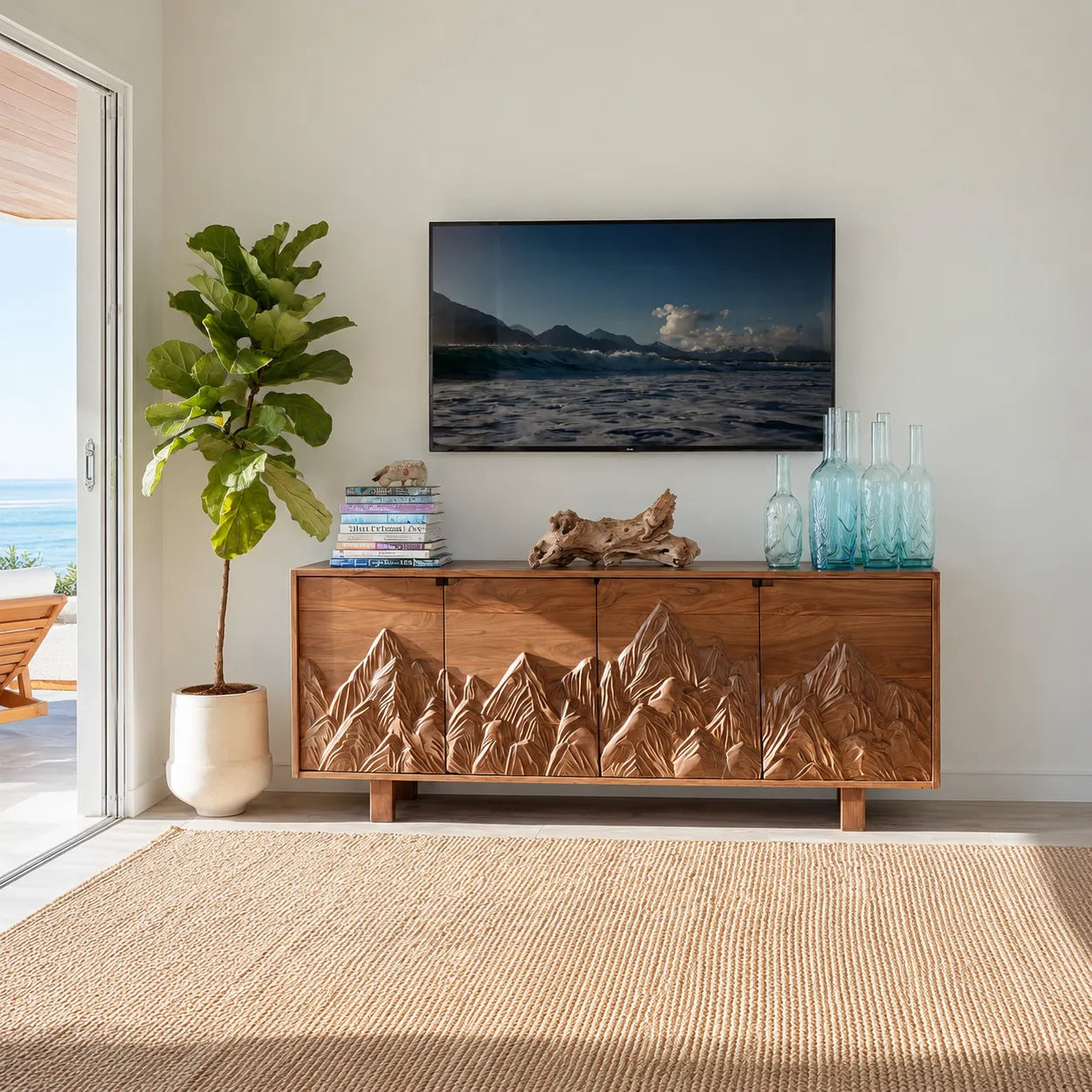 Mountain Carved Natural Solid Wood TV Stand with Hidden Storage - Livewoodcraft - 5