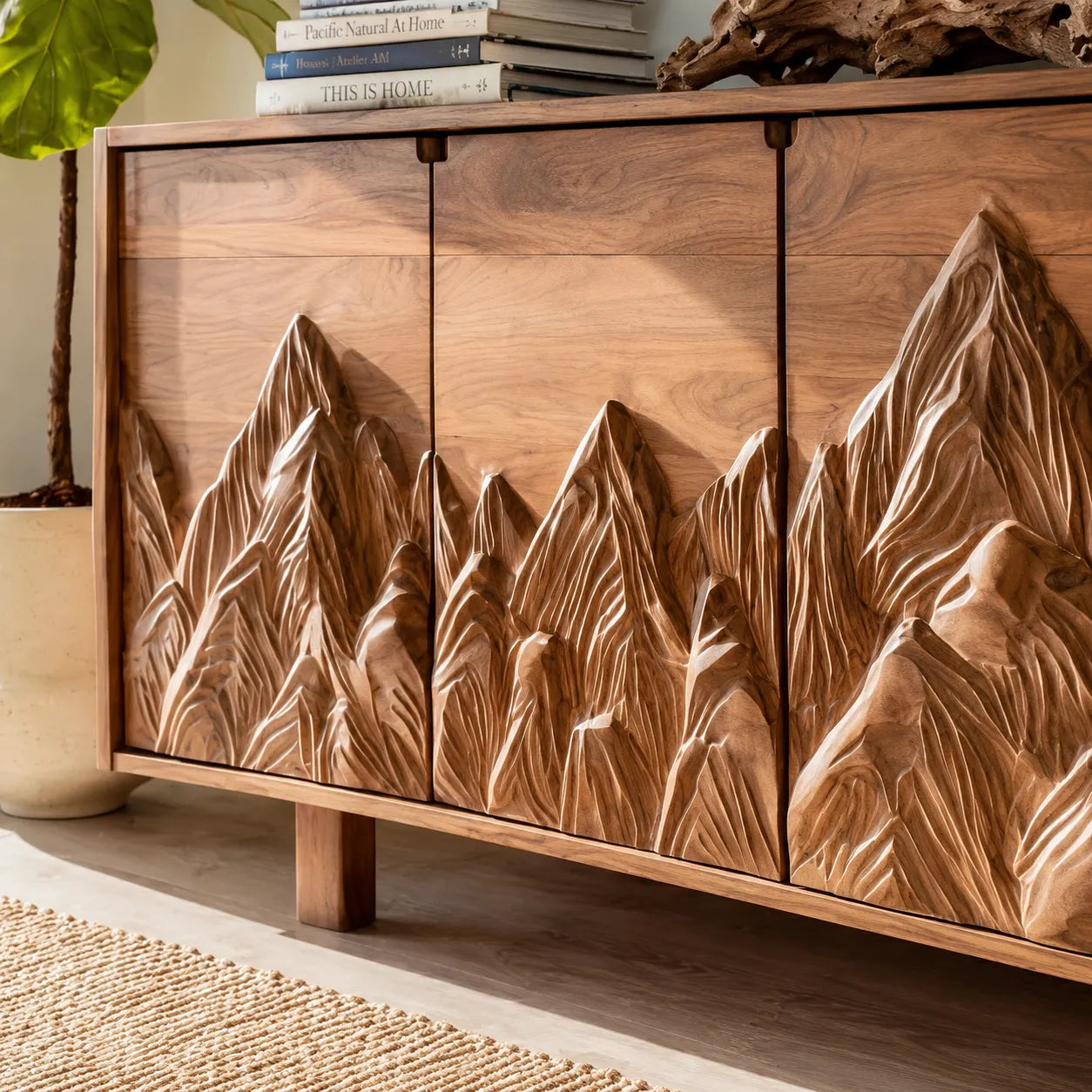 Mountain Carved Natural Solid Wood TV Stand with Hidden Storage - Livewoodcraft - 6