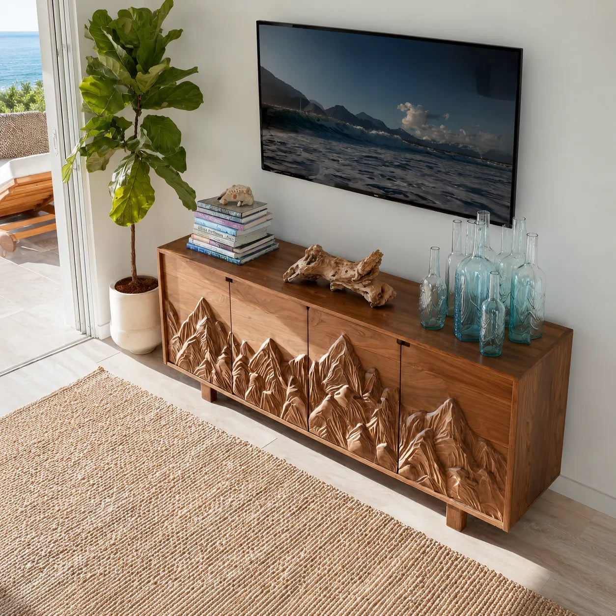 Mountain Carved Natural Solid Wood TV Stand with Hidden Storage - Livewoodcraft - 9