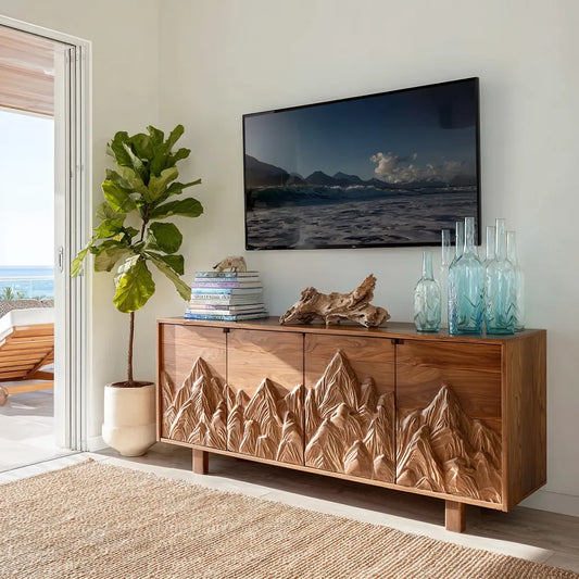 Mountain Carved Natural Solid Wood TV Stand with Hidden Storage - Livewoodcraft