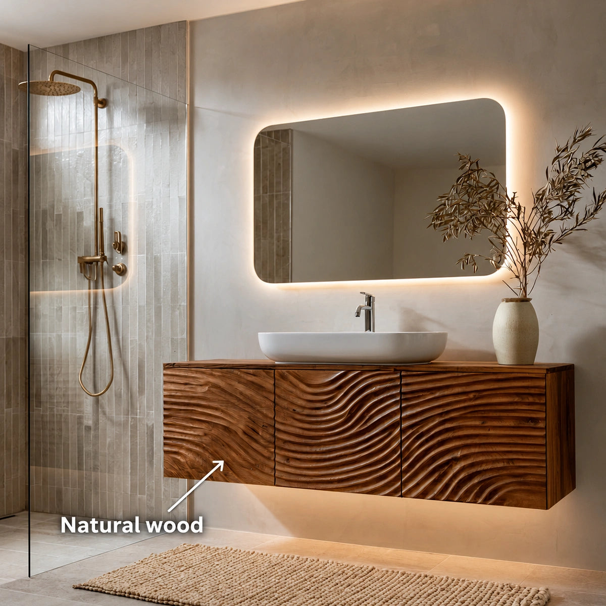 Natural Solid Wood Bathroom Cabinet – Sculpted Wave Modern Style - Livewoodcraft - 10