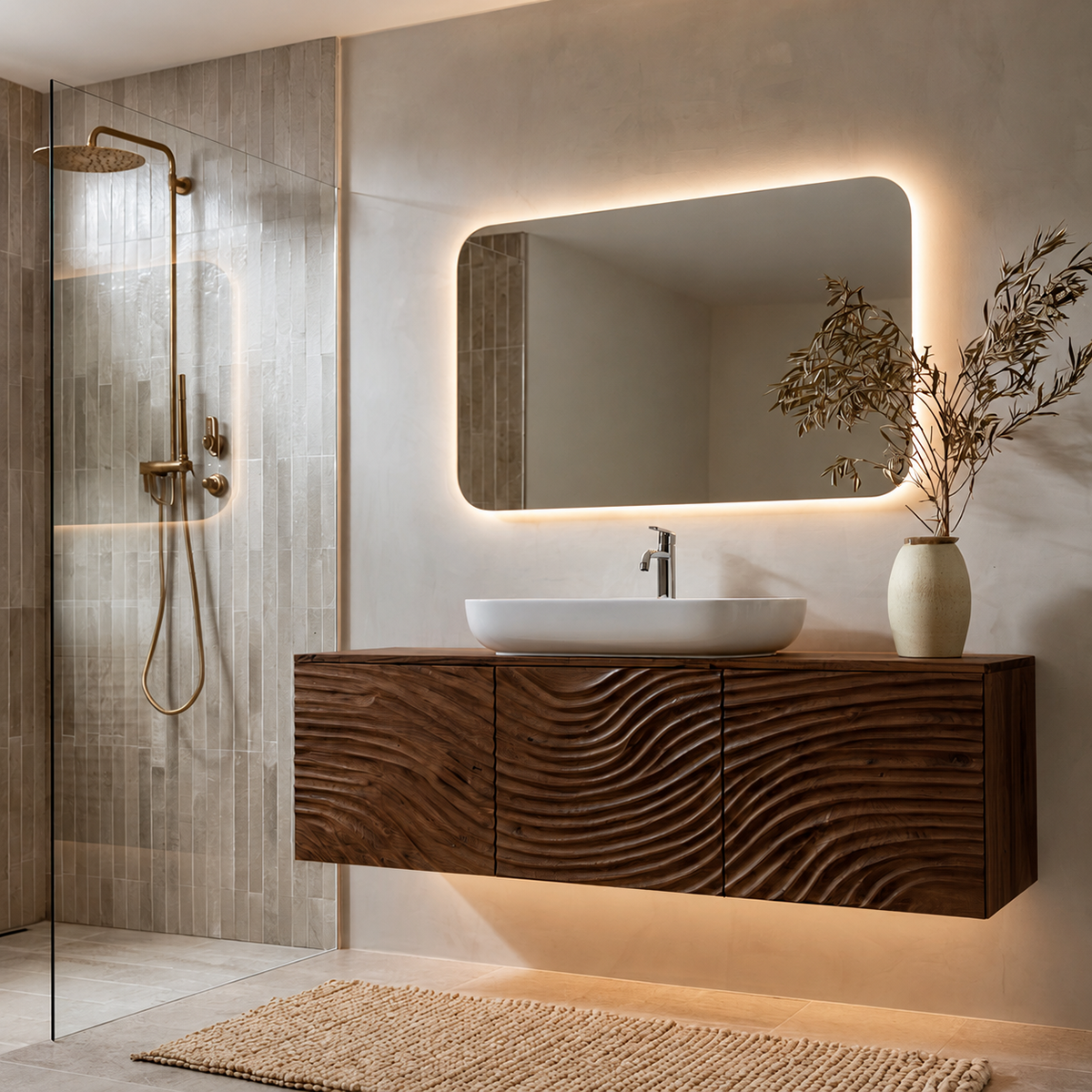 Natural Solid Wood Bathroom Cabinet – Sculpted Wave Modern Style - Livewoodcraft - 2