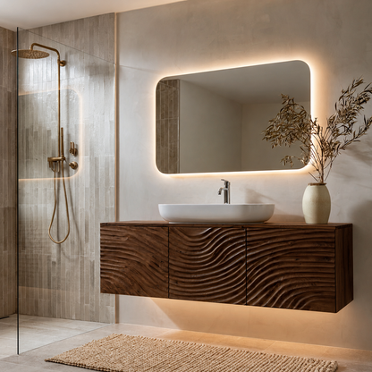 Natural Solid Wood Bathroom Cabinet – Sculpted Wave Modern Style - Livewoodcraft - 2