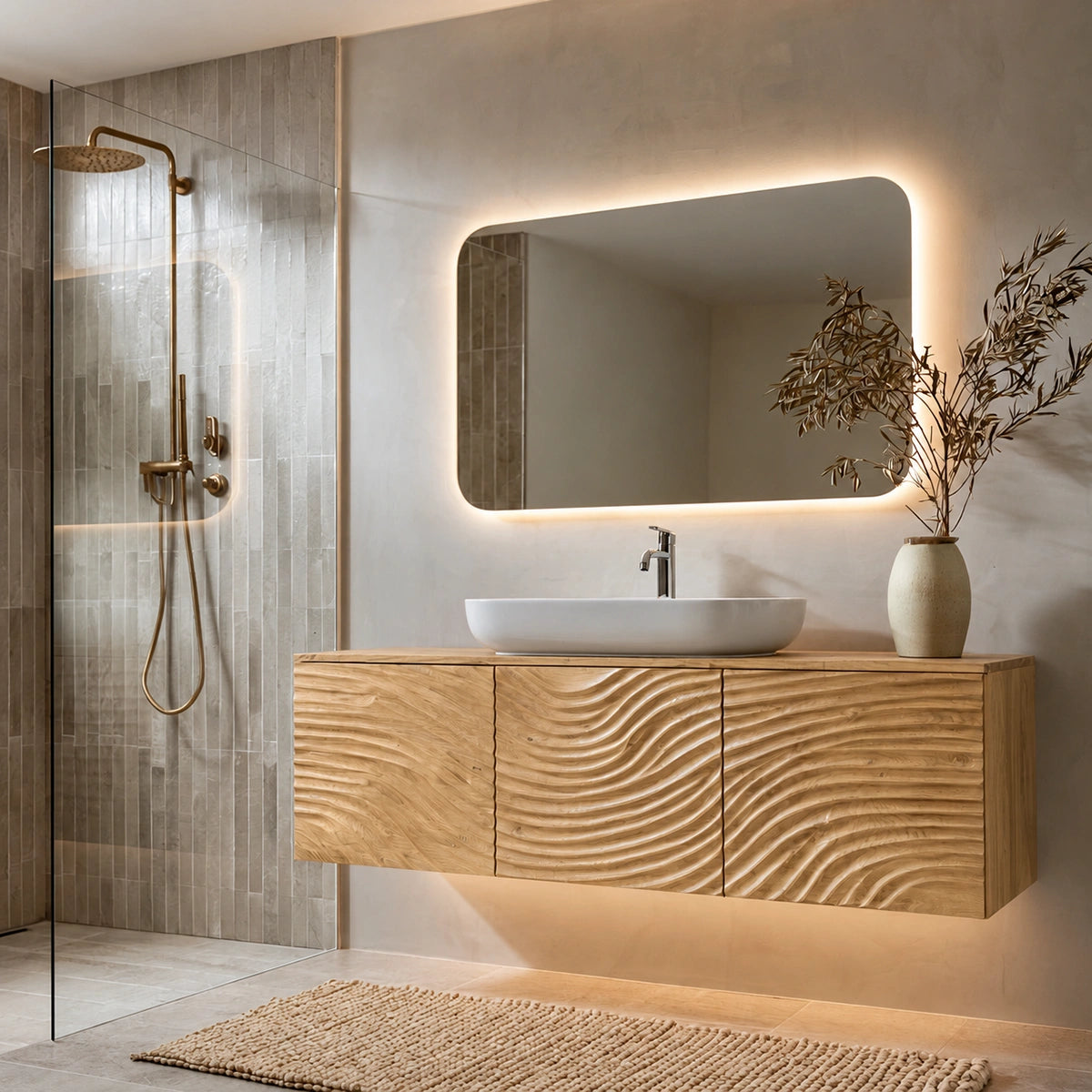 Natural Solid Wood Bathroom Cabinet – Sculpted Wave Modern Style - Livewoodcraft - 3