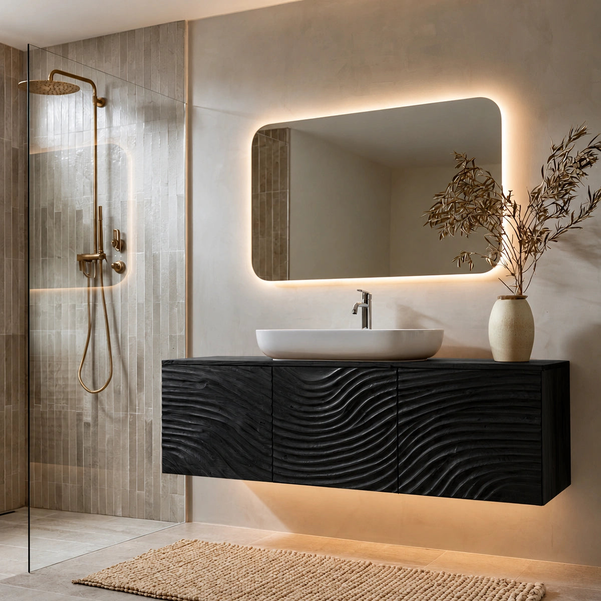 Natural Solid Wood Bathroom Cabinet – Sculpted Wave Modern Style - Livewoodcraft - 4