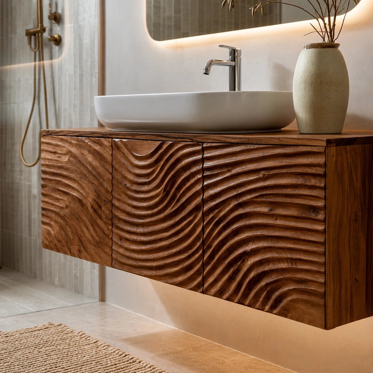 Natural Solid Wood Bathroom Cabinet – Sculpted Wave Modern Style - Livewoodcraft - 5