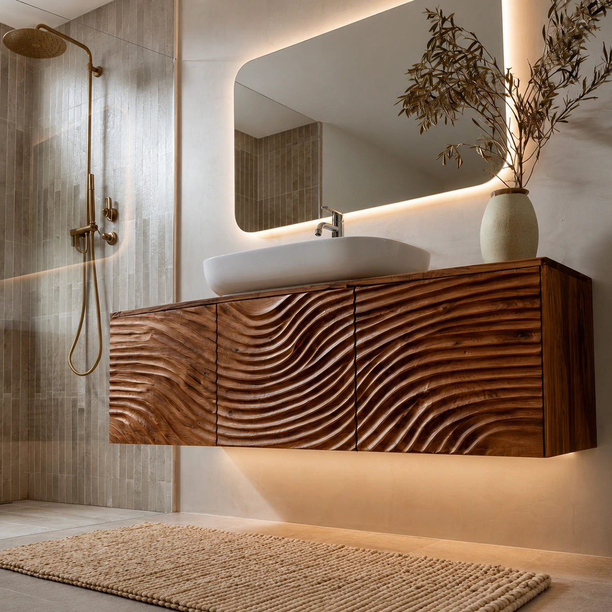Natural Solid Wood Bathroom Cabinet – Sculpted Wave Modern Style - Livewoodcraft - 6