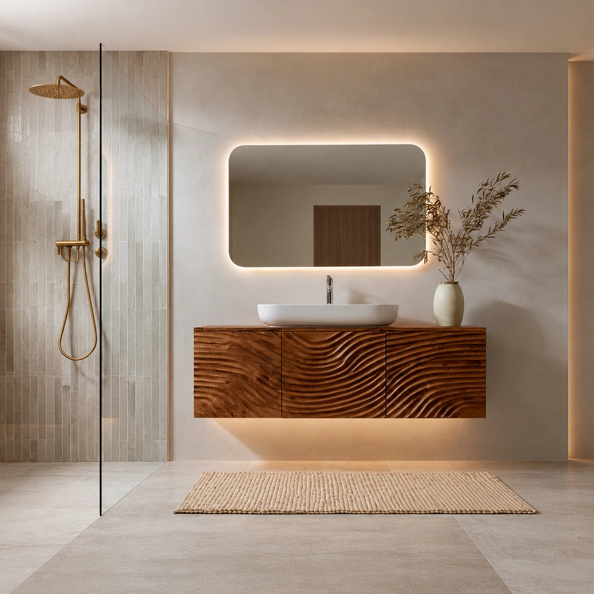 Natural Solid Wood Bathroom Cabinet – Sculpted Wave Modern Style - Livewoodcraft - 7