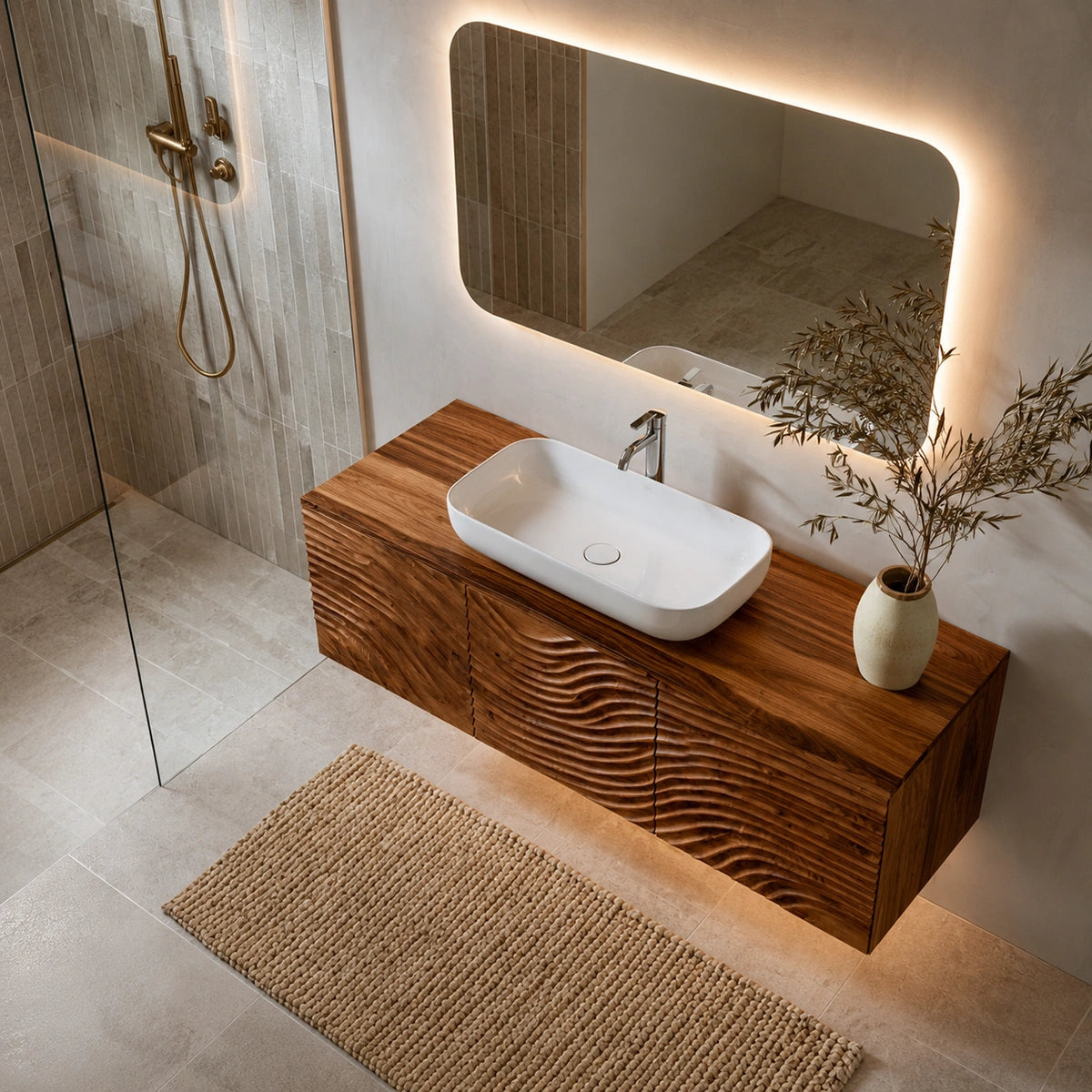 Natural Solid Wood Bathroom Cabinet – Sculpted Wave Modern Style - Livewoodcraft - 8
