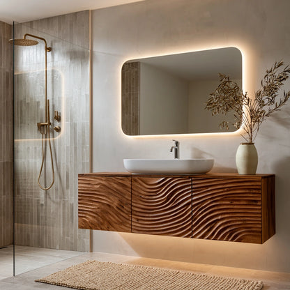 Natural Solid Wood Bathroom Cabinet – Sculpted Wave Modern Style - Livewoodcraft