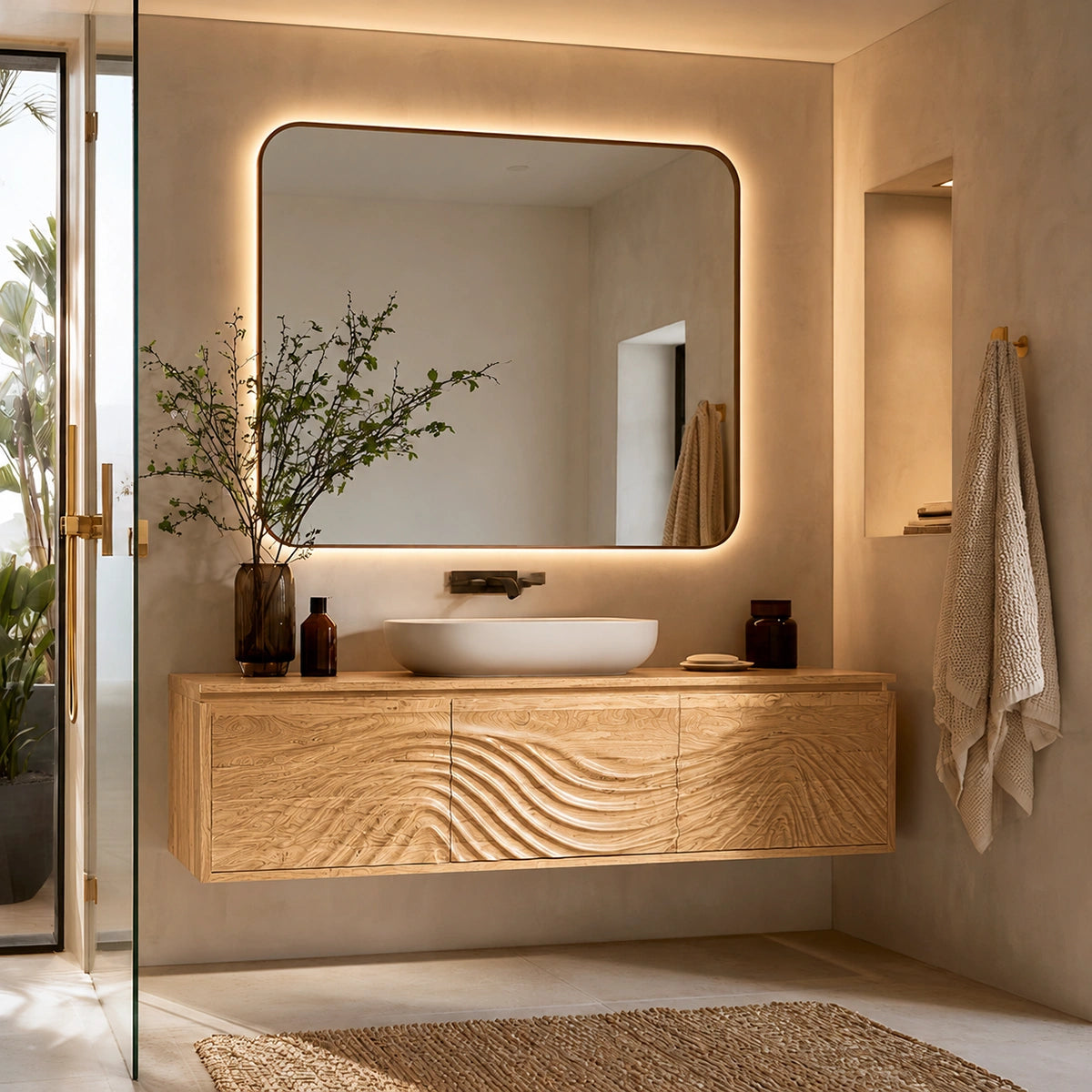 Natural Solid Wood Bathroom Cabinet – Wave Front Modern Style - Livewoodcraft - 3