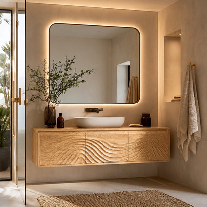 Natural Solid Wood Bathroom Cabinet – Wave Front Modern Style - Livewoodcraft - 3