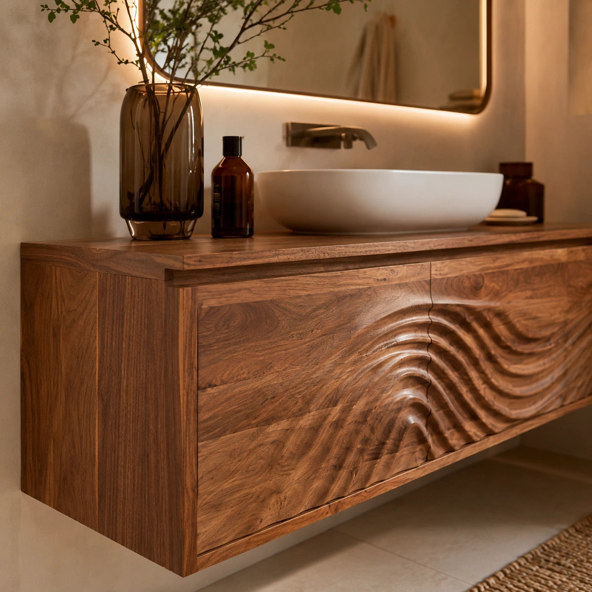 Natural Solid Wood Bathroom Cabinet – Wave Front Modern Style - Livewoodcraft - 5