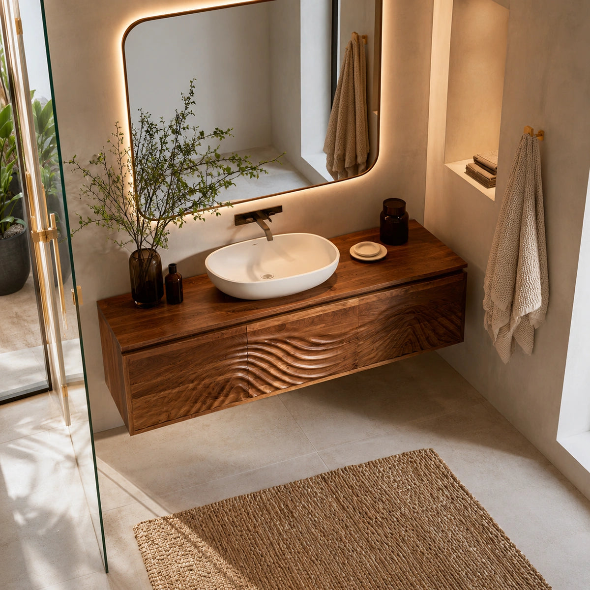 Natural Solid Wood Bathroom Cabinet – Wave Front Modern Style - Livewoodcraft - 8