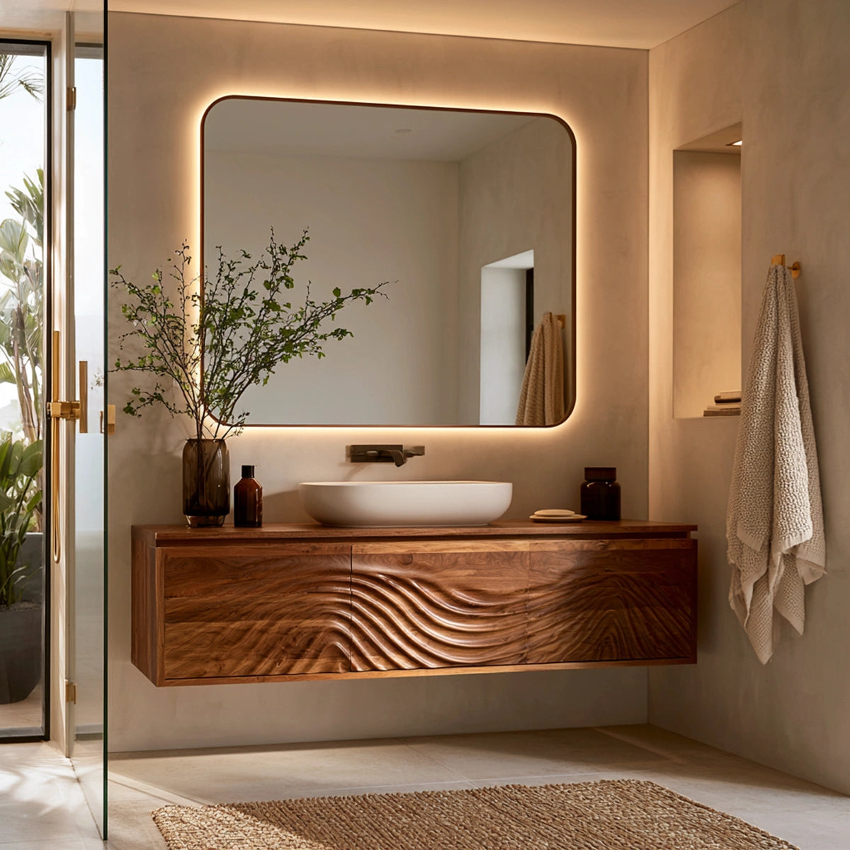 Natural Solid Wood Bathroom Cabinet – Wave Front Modern Style - Livewoodcraft