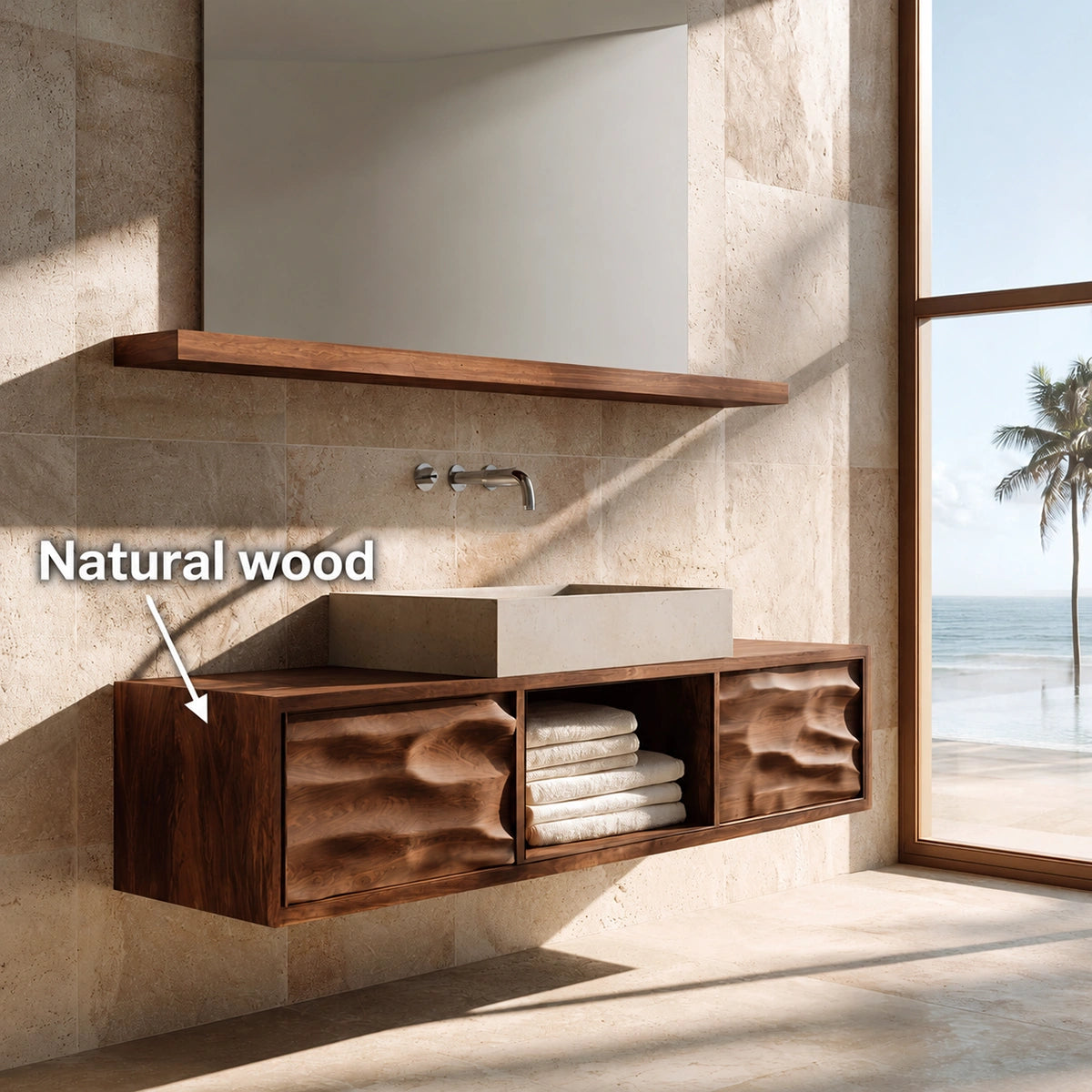 Natural Solid Wood Bathroom Cabinet with 2 Doors and Open Shelf - Livewoodcraft - 10
