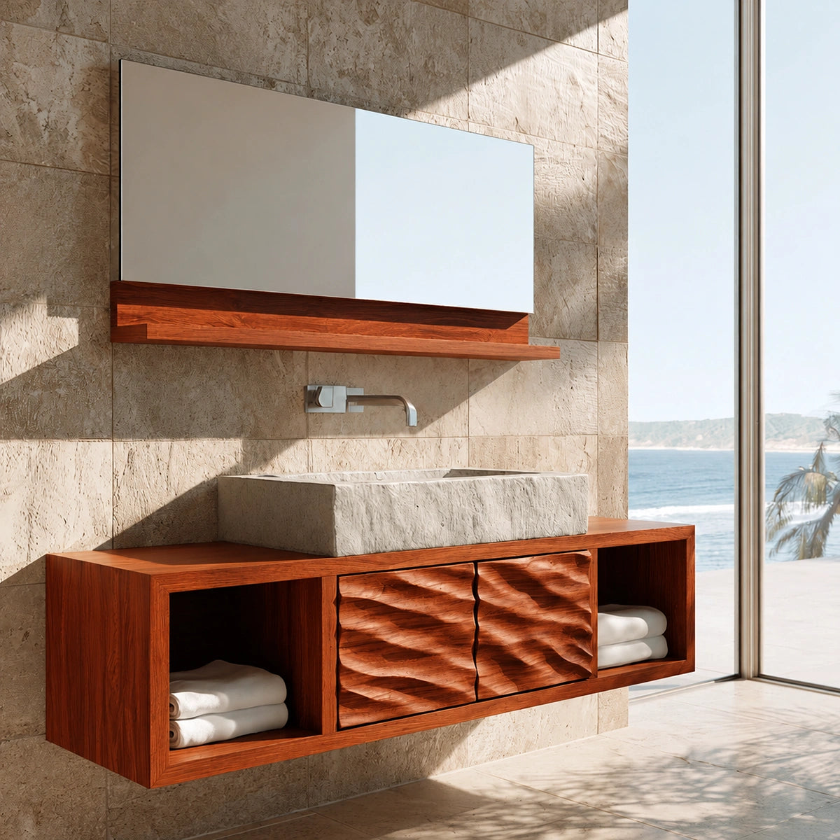Natural Solid Wood Bathroom Cabinet with 2 Doors and Open Shelf - Livewoodcraft - 2