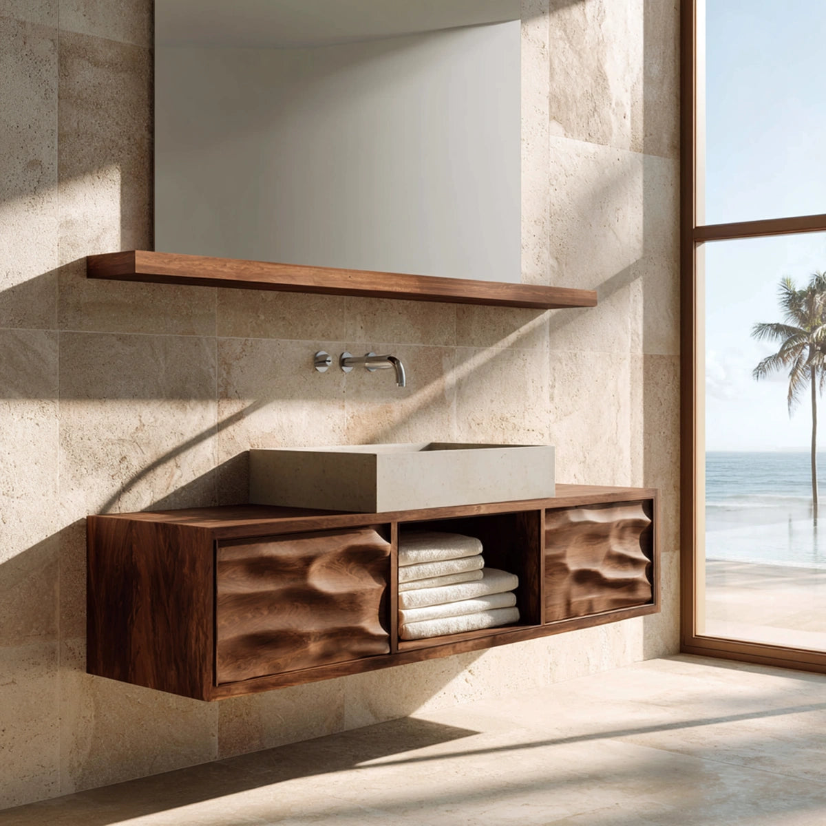 Natural Solid Wood Bathroom Cabinet with 2 Doors and Open Shelf - Livewoodcraft - 5