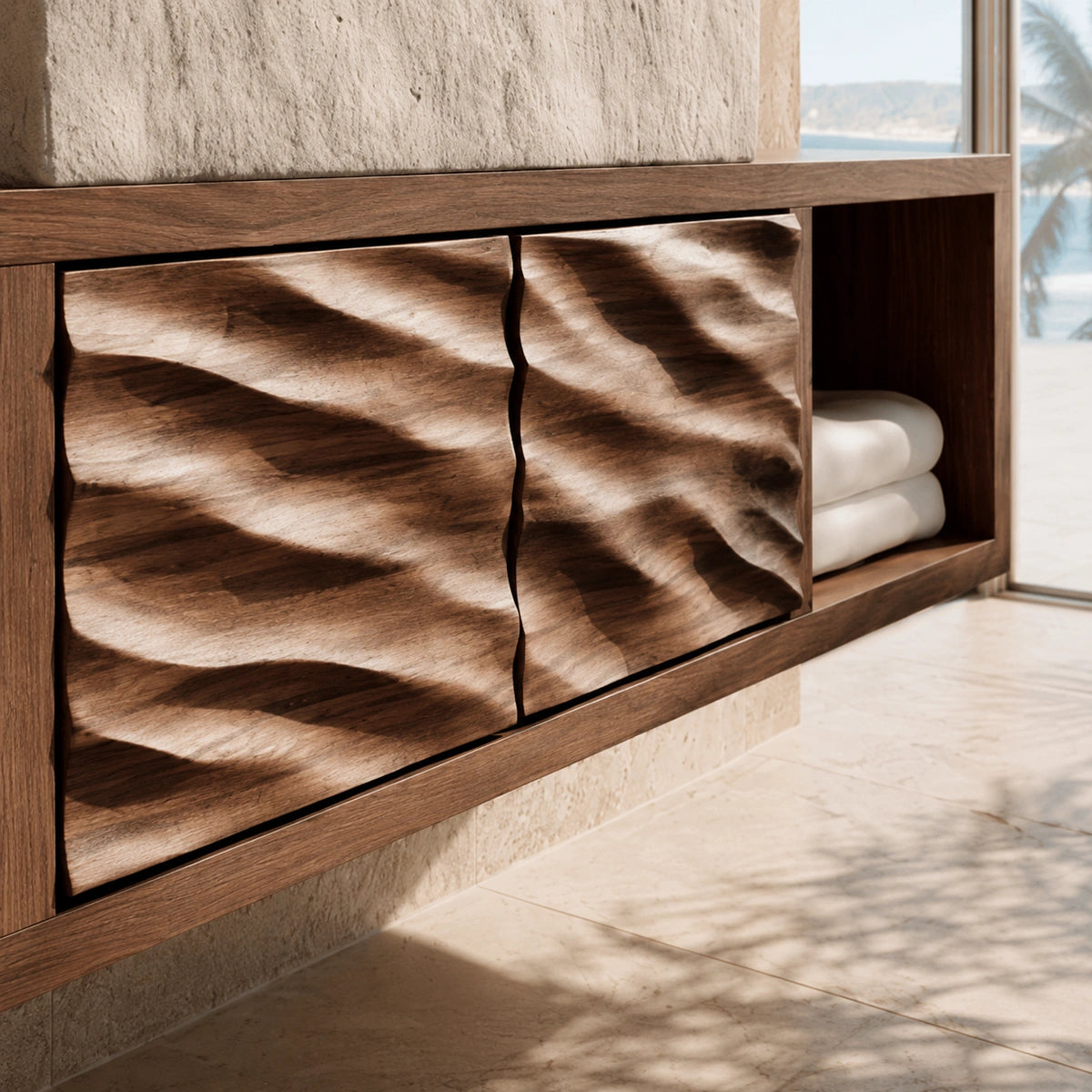 Natural Solid Wood Bathroom Cabinet with 2 Doors and Open Shelf - Livewoodcraft - 6