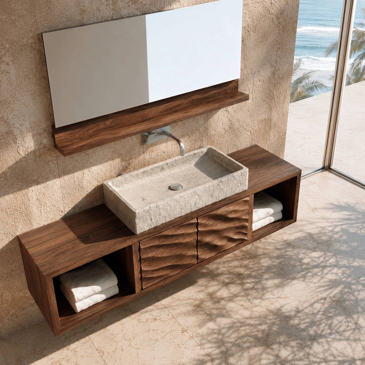 Natural Solid Wood Bathroom Cabinet with 2 Doors and Open Shelf - Livewoodcraft - 8