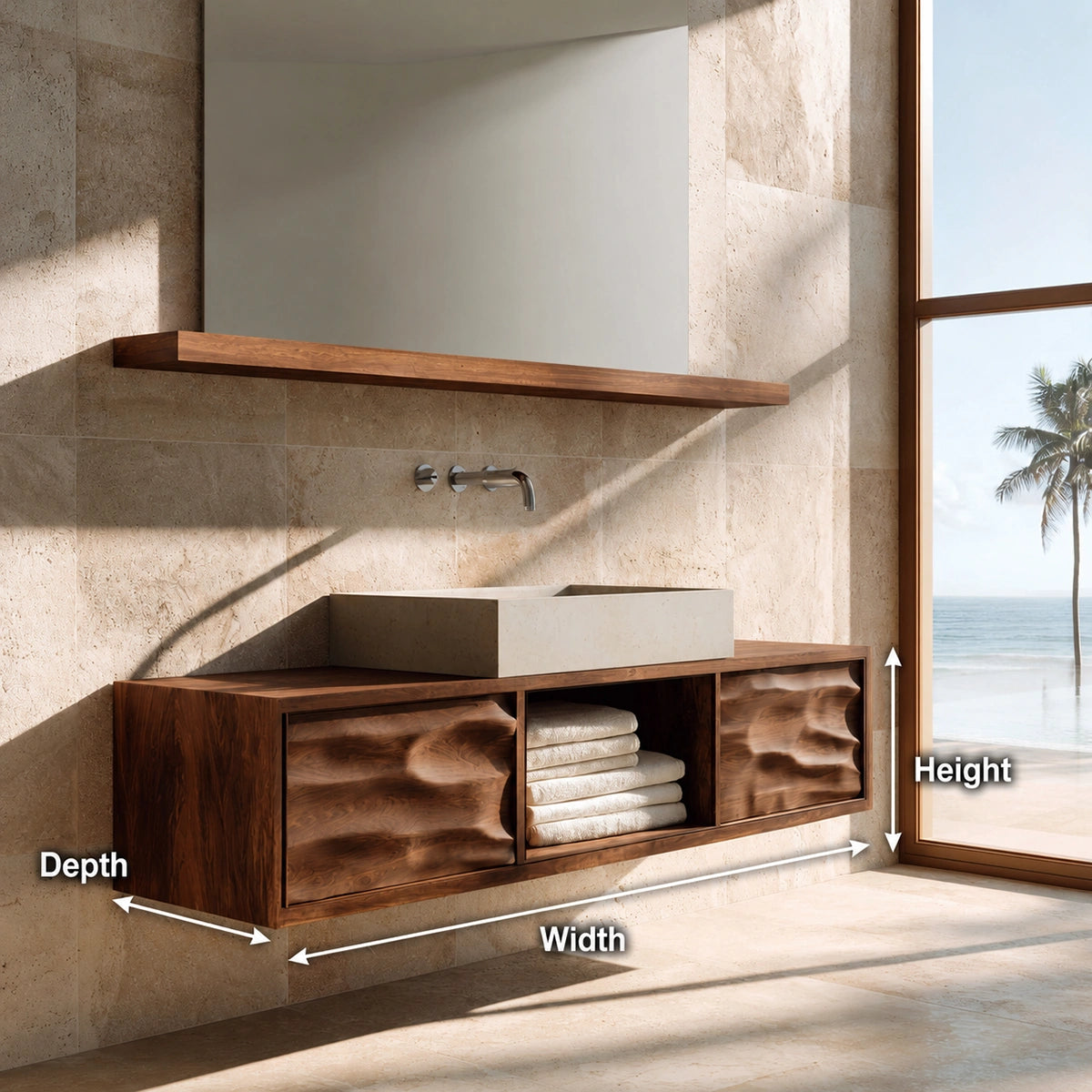 Natural Solid Wood Bathroom Cabinet with 2 Doors and Open Shelf - Livewoodcraft - 9