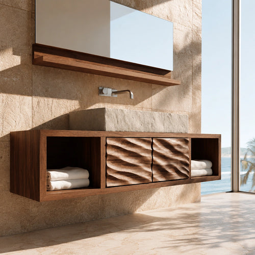 Natural Solid Wood Bathroom Cabinet with 2 Doors and Open Shelf - Livewoodcraft