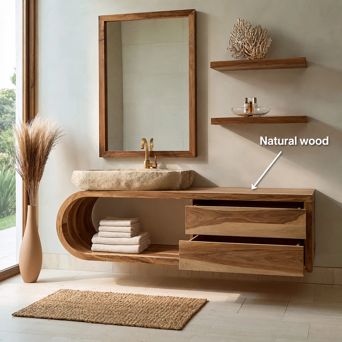 Natural Solid Wood Bathroom Cabinet with 4 Drawers – Wave Front Modern Style - Livewoodcraft - 10