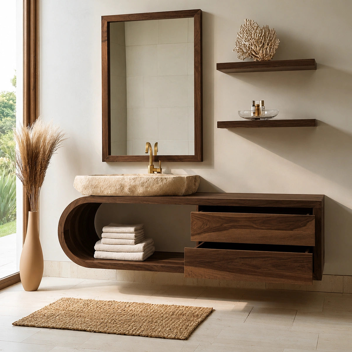 Natural Solid Wood Bathroom Cabinet with 4 Drawers – Wave Front Modern Style - Livewoodcraft - 2