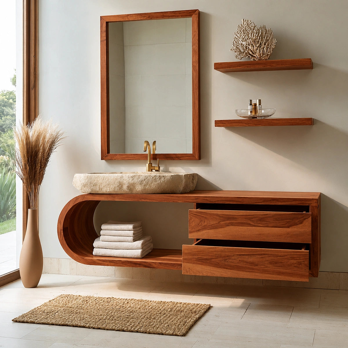 Natural Solid Wood Bathroom Cabinet with 4 Drawers – Wave Front Modern Style - Livewoodcraft - 3