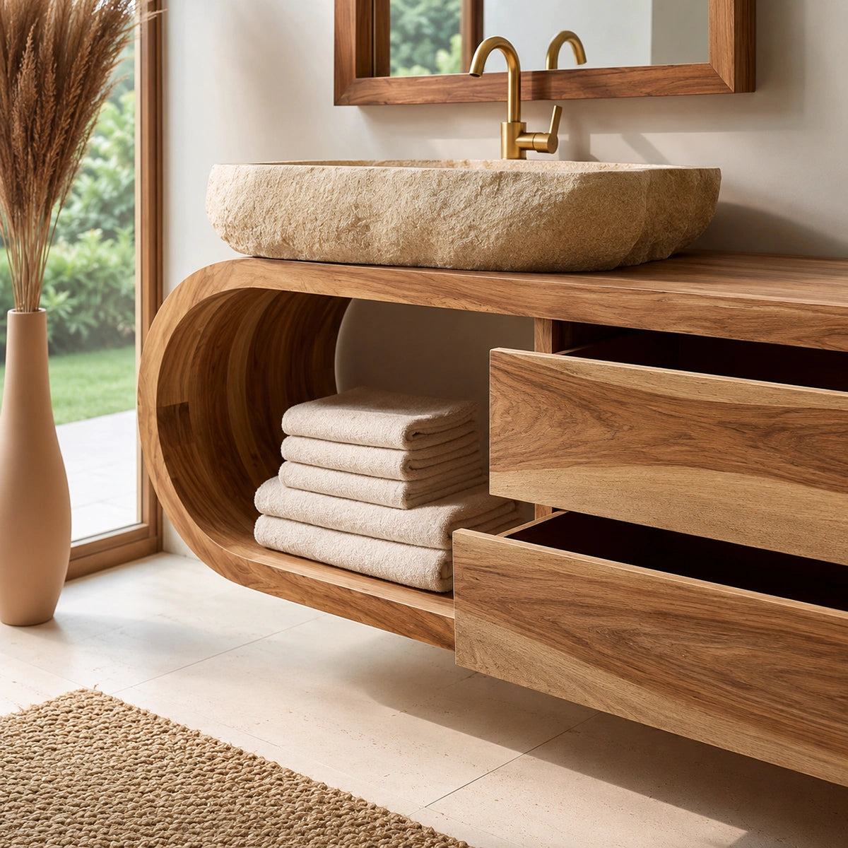 Natural Solid Wood Bathroom Cabinet with 4 Drawers – Wave Front Modern Style - Livewoodcraft - 5