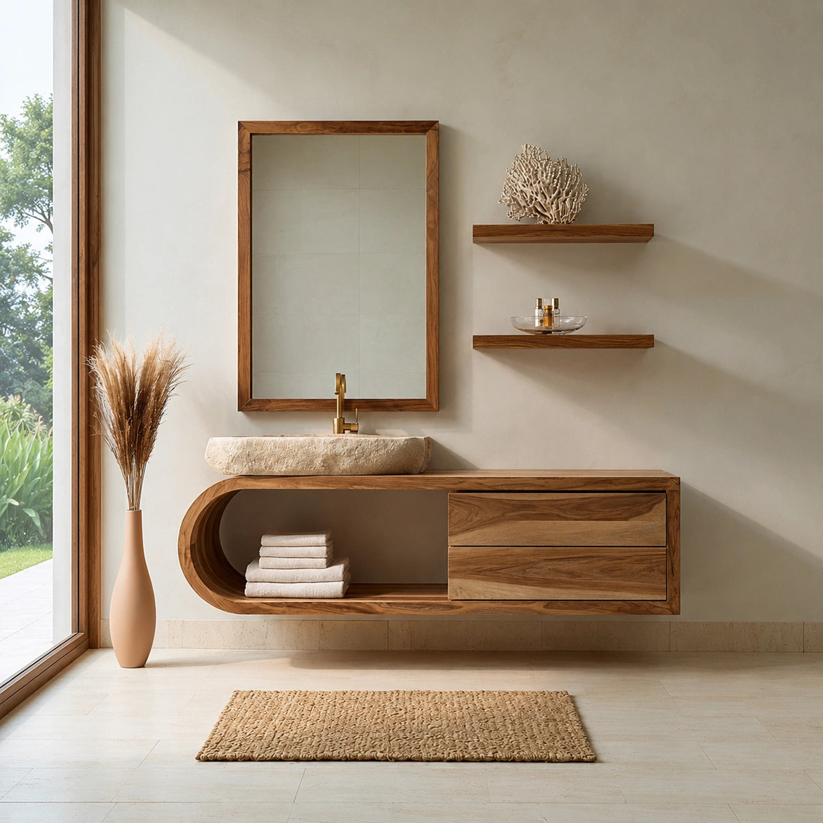 Natural Solid Wood Bathroom Cabinet with 4 Drawers – Wave Front Modern Style - Livewoodcraft - 6