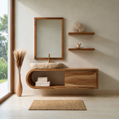 Natural Solid Wood Bathroom Cabinet with 4 Drawers – Wave Front Modern Style - Livewoodcraft - 6