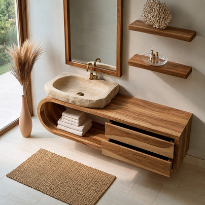 Natural Solid Wood Bathroom Cabinet with 4 Drawers – Wave Front Modern Style - Livewoodcraft - 7