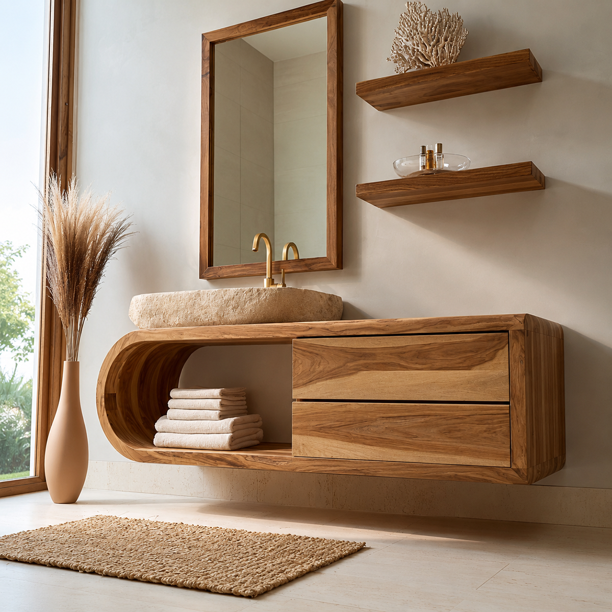 Natural Solid Wood Bathroom Cabinet with 4 Drawers – Wave Front Modern Style - Livewoodcraft - 8