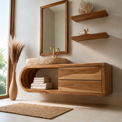 Natural Solid Wood Bathroom Cabinet with 4 Drawers – Wave Front Modern Style - Livewoodcraft - 8