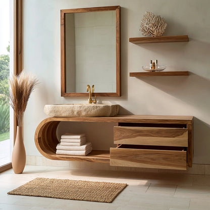 Natural Solid Wood Bathroom Cabinet with 4 Drawers – Wave Front Modern Style - Livewoodcraft