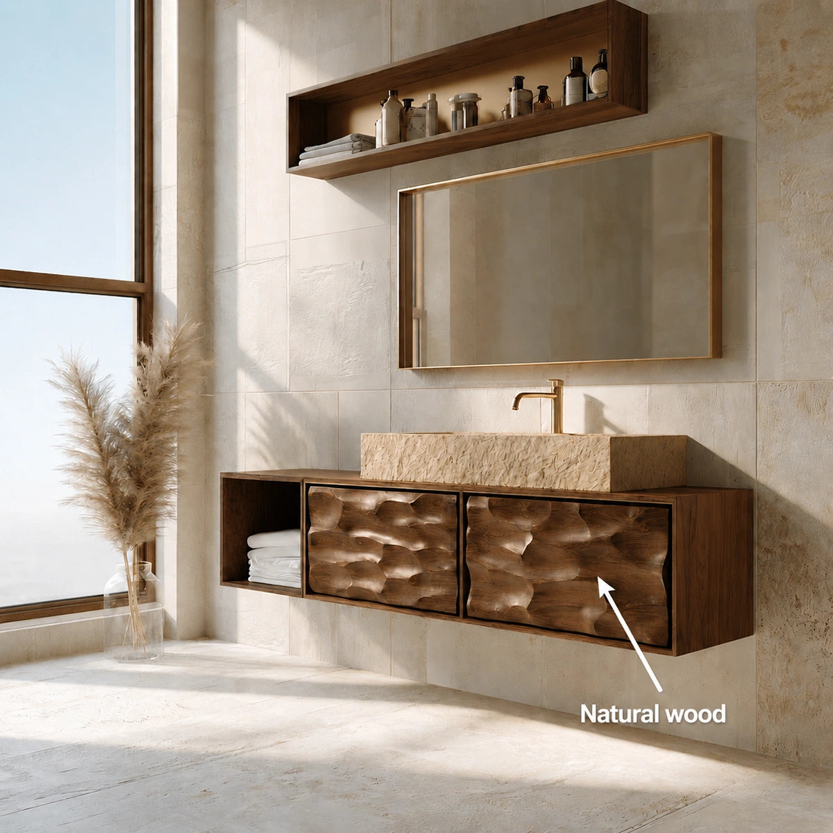 Natural Solid Wood Bathroom Cabinet with Side Shelf and 2 Doors - Livewoodcraft - 10