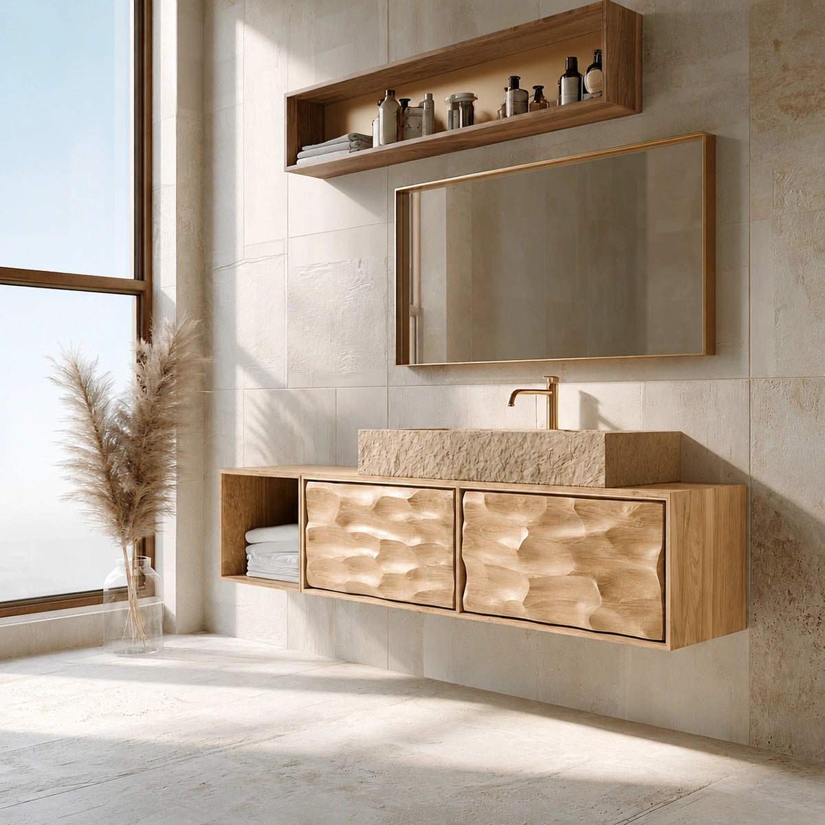 Natural Solid Wood Bathroom Cabinet with Side Shelf and 2 Doors - Livewoodcraft - 3
