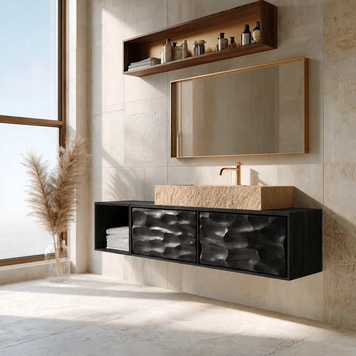 Natural Solid Wood Bathroom Cabinet with Side Shelf and 2 Doors - Livewoodcraft - 4