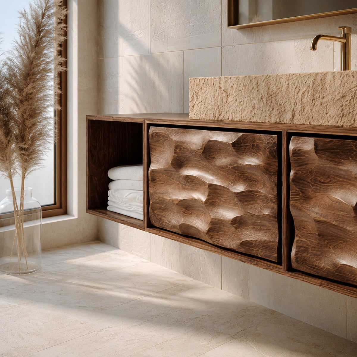 Natural Solid Wood Bathroom Cabinet with Side Shelf and 2 Doors - Livewoodcraft - 5