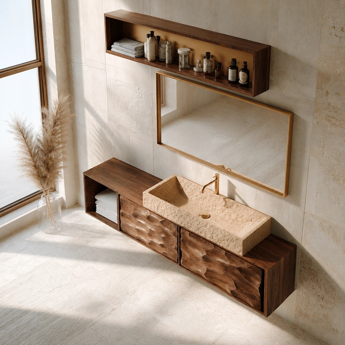 Natural Solid Wood Bathroom Cabinet with Side Shelf and 2 Doors - Livewoodcraft - 6