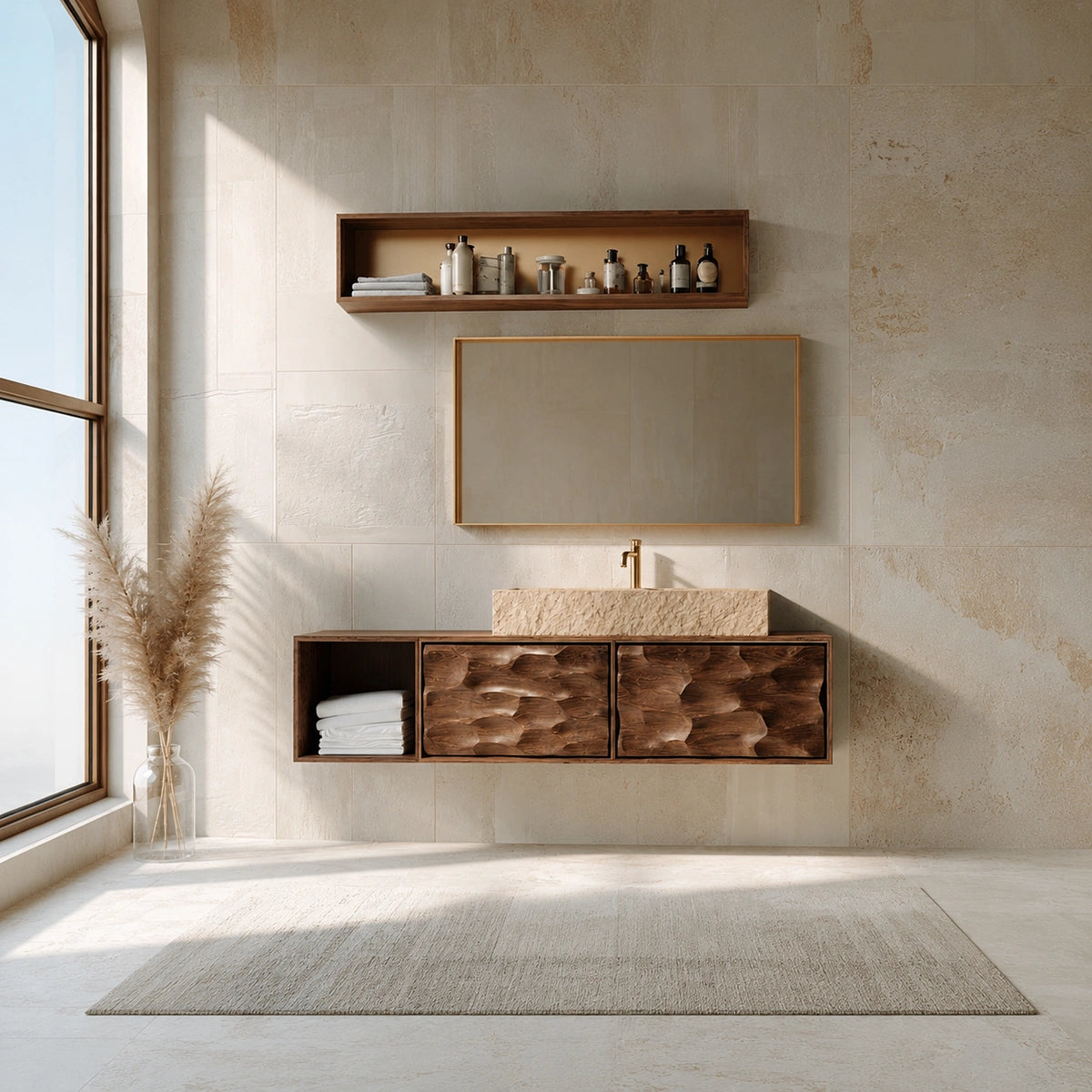 Natural Solid Wood Bathroom Cabinet with Side Shelf and 2 Doors - Livewoodcraft - 8