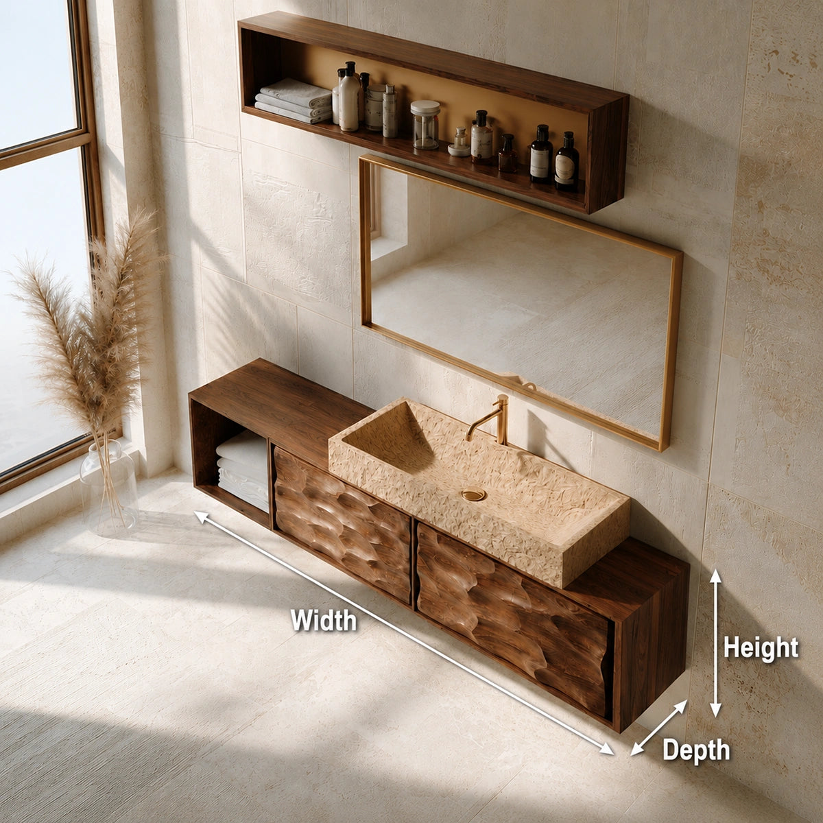 Natural Solid Wood Bathroom Cabinet with Side Shelf and 2 Doors - Livewoodcraft - 9