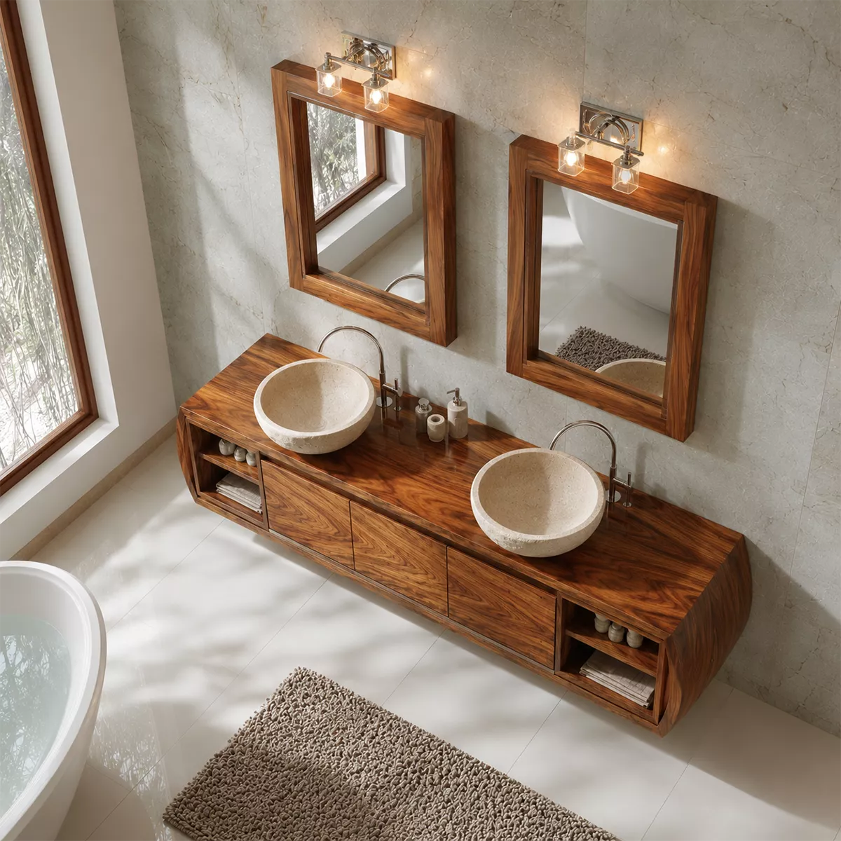 Natural Solid Wood Bathroom Vanity Cabinet with Curved Legs Rustic - Livewoodcraft - 2