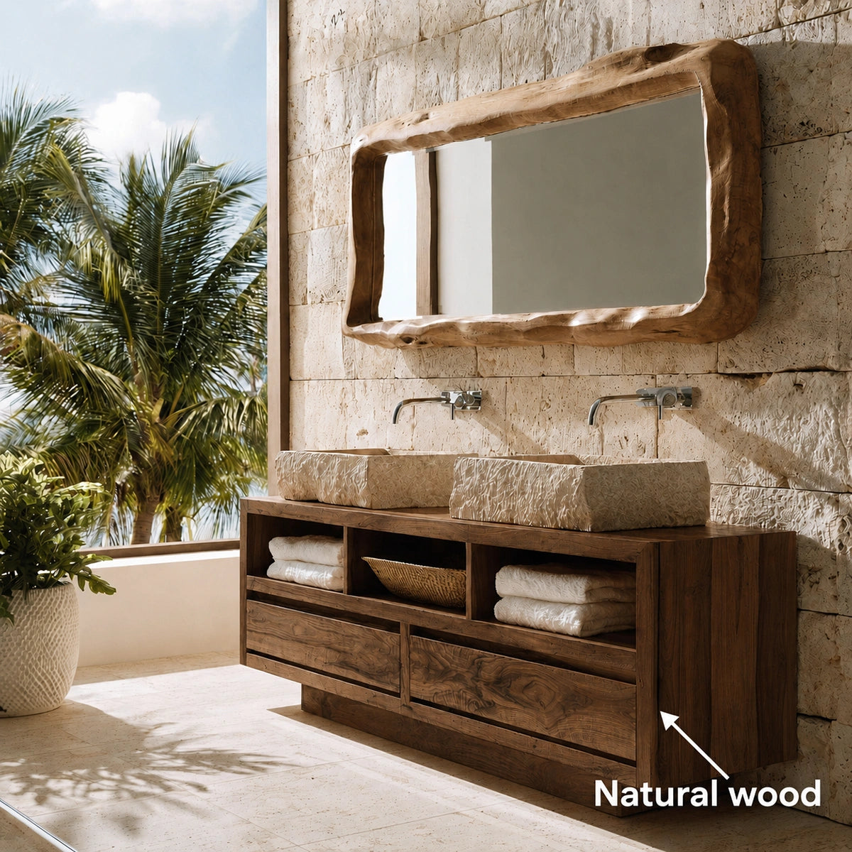 Natural Solid Wood Bathroom Vanity with 2 Drawers and 3 Open Shelves - Livewoodcraft - 10